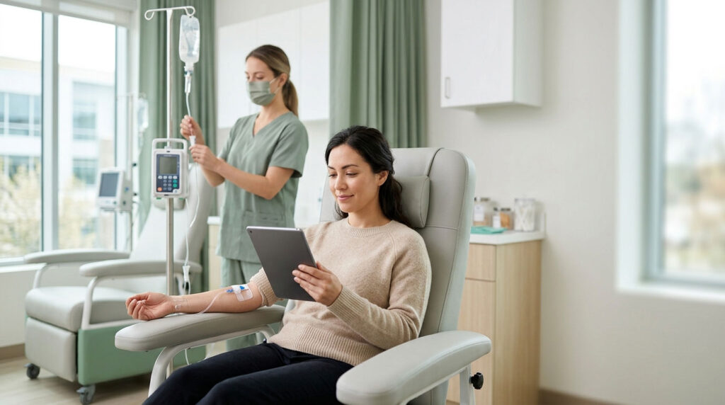 A woman sits in a medical chair using a tablet while receiving IV treatment from a nurse in scrubs.