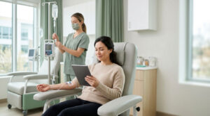 A woman sits in a medical chair using a tablet while receiving IV treatment from a nurse in scrubs.