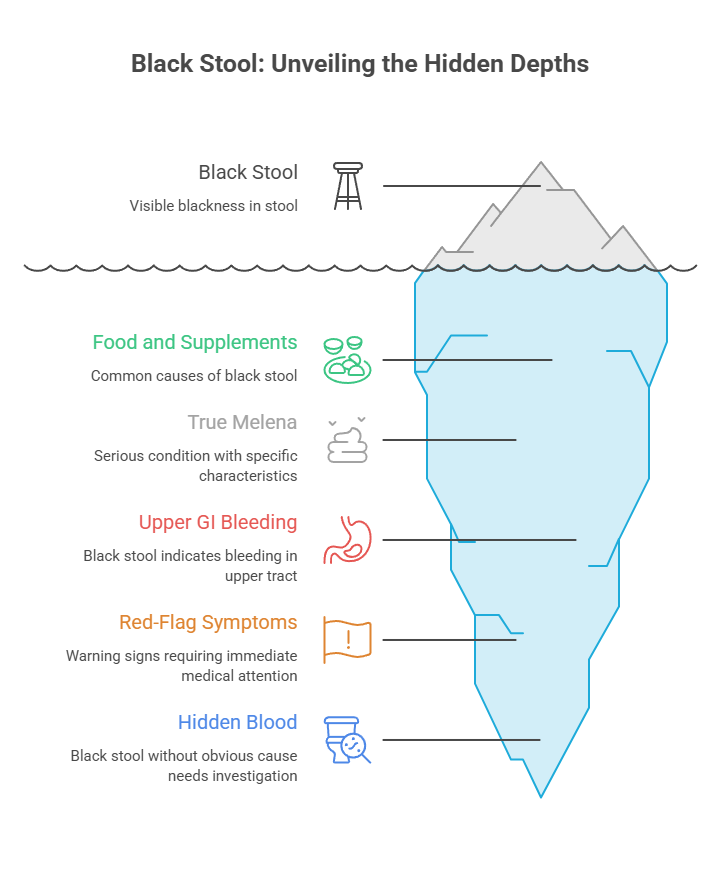 Infographic showing causes of black stool, including food, upper GI bleeding, and hidden blood, with icons and labels.