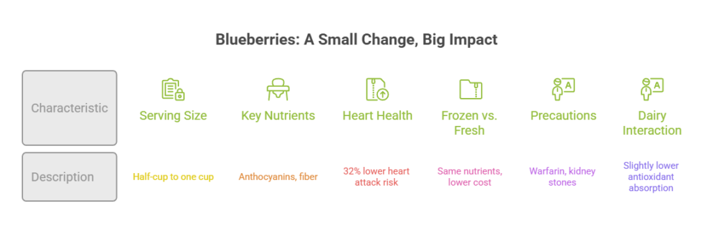 Infographic about blueberries detailing serving size, key nutrients, heart health benefits, and precautions.