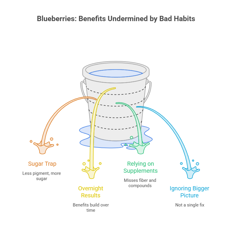 Infographic showing a bucket with water and four streams labeled: Sugar Trap, Overnight Results, Relying on Supplements, Ignoring Bigger Picture.