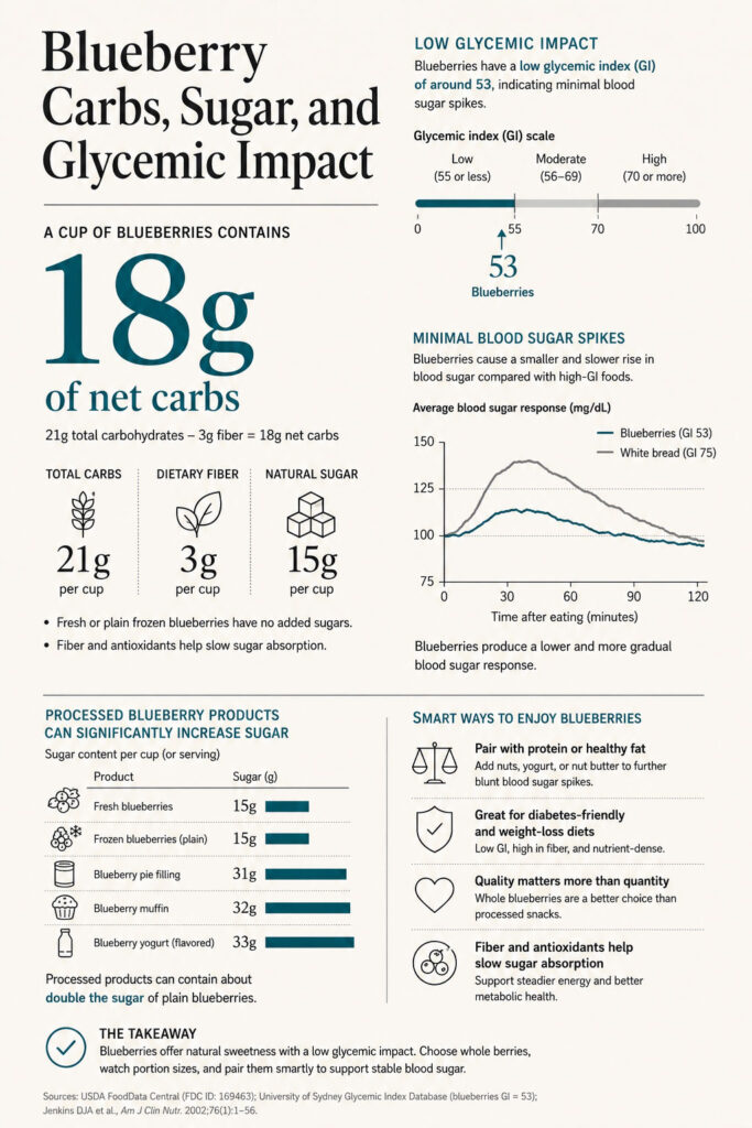 Infographic detailing blueberry carbs, sugar, and glycemic impact with charts and data on health benefits.
