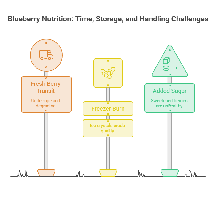 Infographic showing challenges of blueberry nutrition with signs for Fresh Berry Transit, Freezer Burn, and Added Sugar.