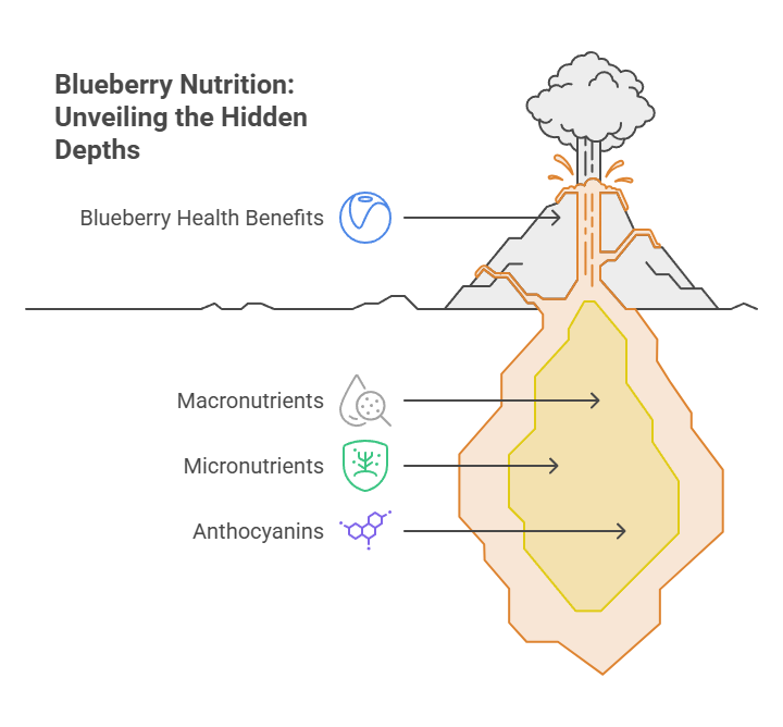 Infographic showing blueberry nutrition, health benefits, and nutrients like macronutrients and anthocyanins.