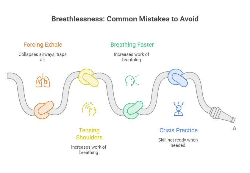 Infographic illustrating common mistakes to avoid for breathlessness, including forcing exhale and breathing faster.
