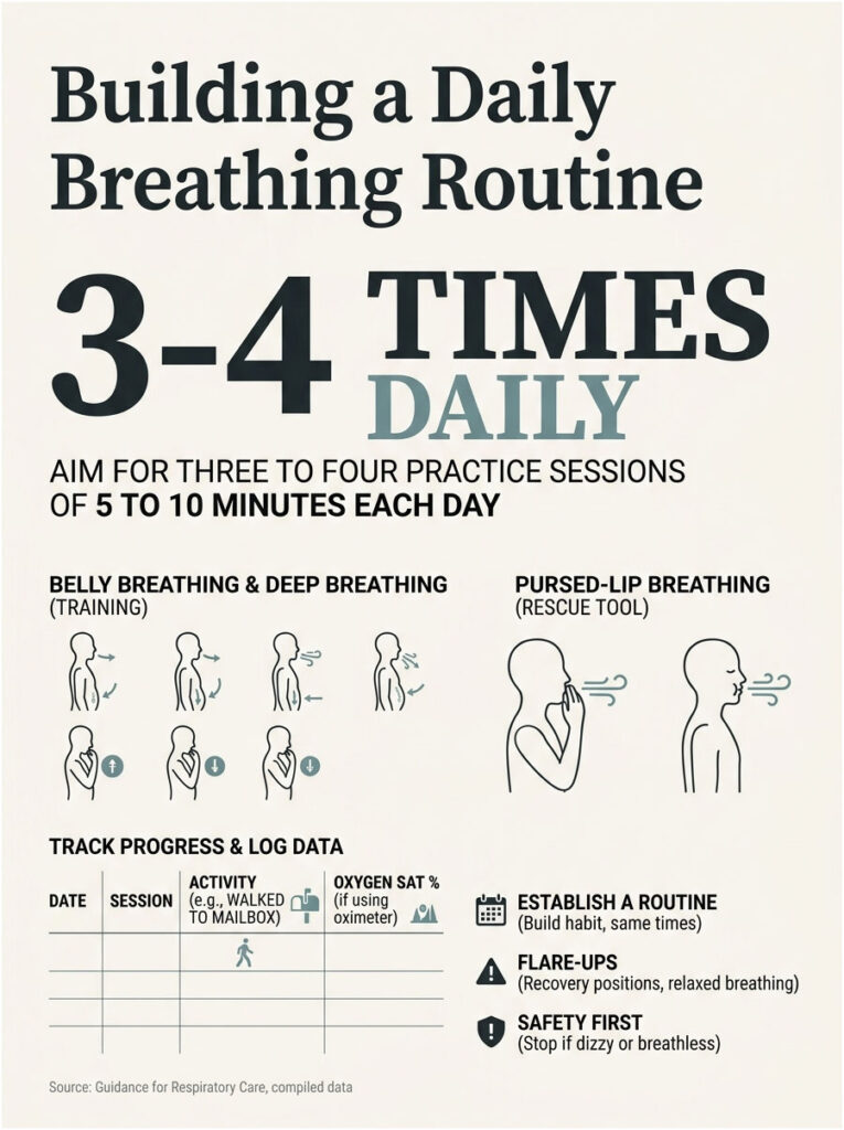 Infographic on building a daily breathing routine with instructions for techniques and tracking progress.