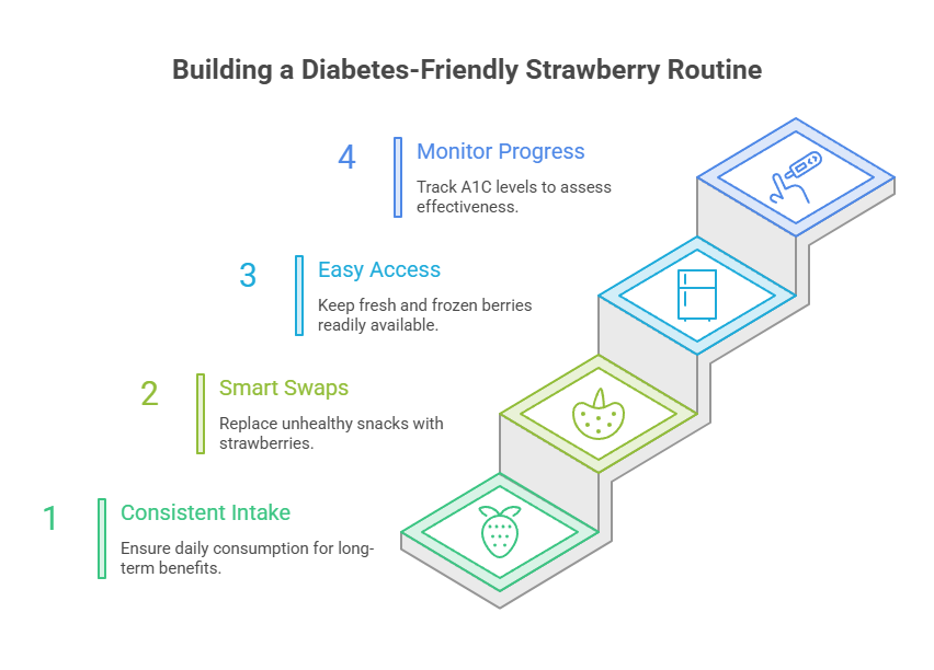 Infographic showing steps to build a diabetes-friendly strawberry routine with four key points and icons.