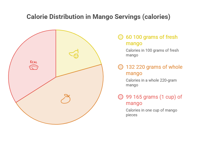 Pie chart showing calorie distribution in mango servings with labels for fresh mango, whole mango, and mango pieces.