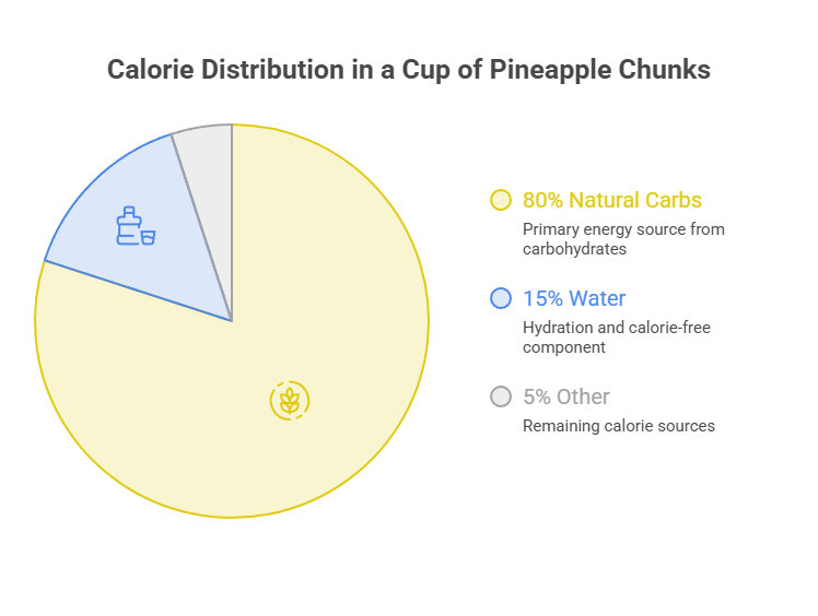Pie chart showing calorie distribution in a cup of pineapple chunks with labels for carbs, water, and other sources.