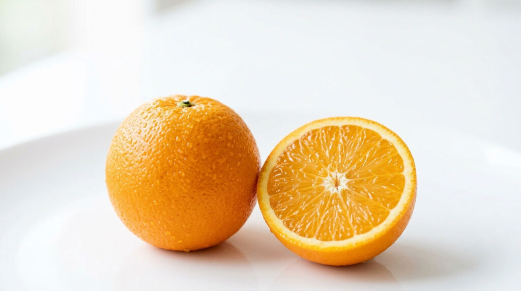 A whole orange and a sliced orange half on a white plate, showcasing vibrant colors and texture.