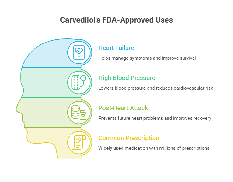 Infographic showing Carvedilol's FDA-approved uses: heart failure, high blood pressure, post-heart attack, common prescription.