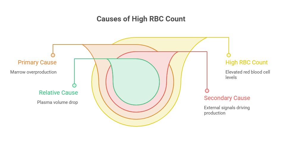 Infographic showing causes of high RBC count with labels for primary, relative, and secondary causes.