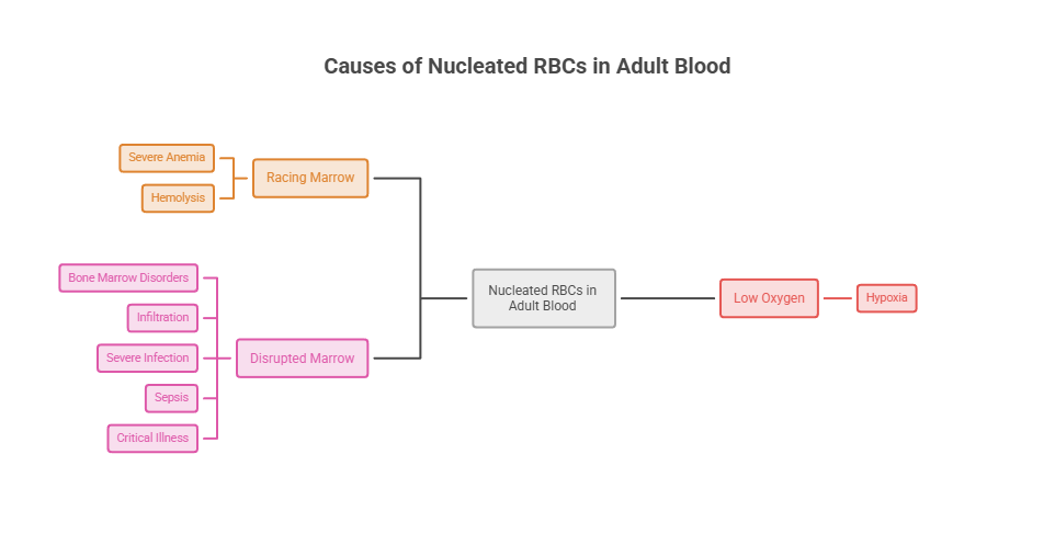 Diagram showing causes of nucleated RBCs in adult blood, including severe anemia and low oxygen levels. Infographic.