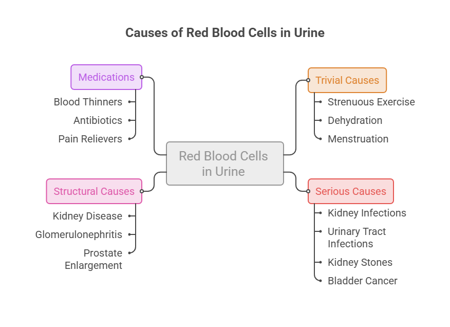 Infographic showing causes of red blood cells in urine, including medications, trivial, structural, and serious causes.