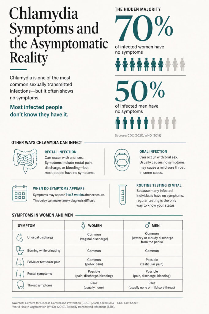 Infographic on chlamydia symptoms, showing statistics and infection types for men and women.