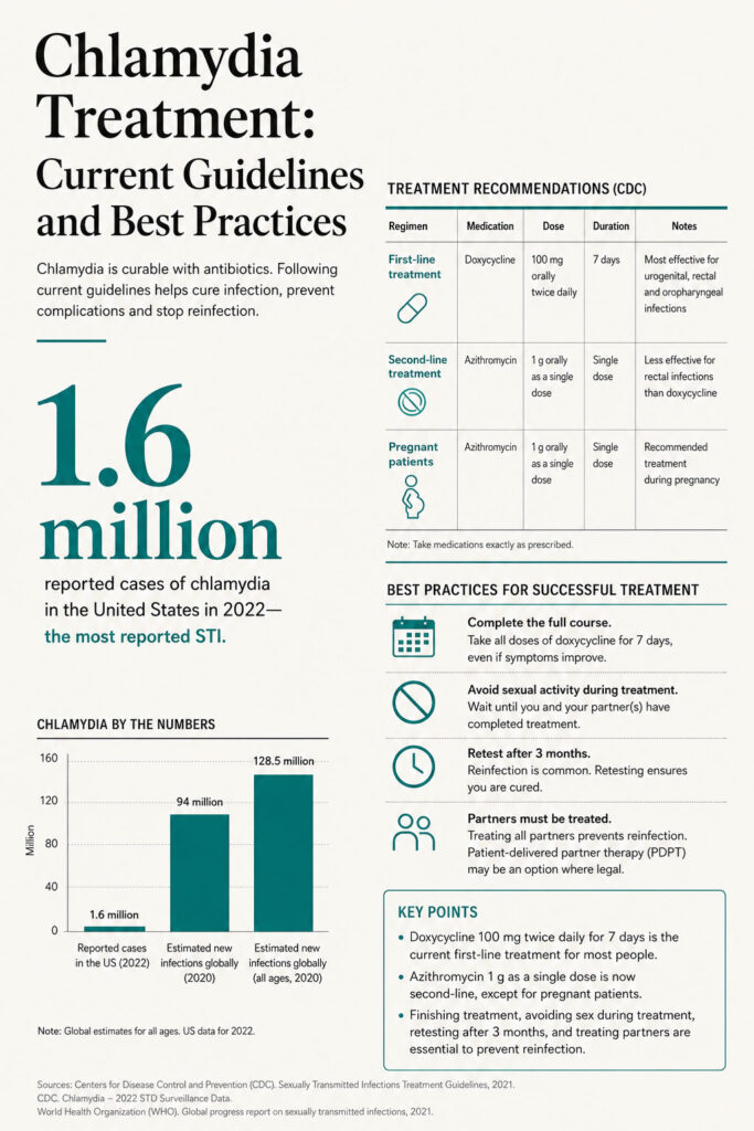 Infographic on chlamydia treatment guidelines, showing statistics, treatment recommendations, and best practices.