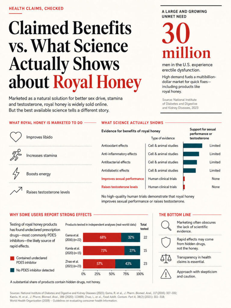 Infographic comparing claimed benefits of royal honey with scientific evidence on libido, stamina, and testosterone levels.