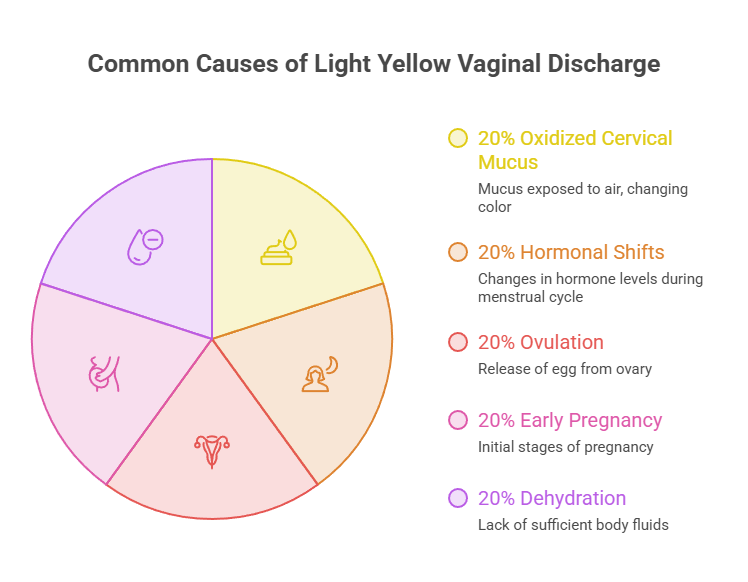 Pie chart showing common causes of light yellow vaginal discharge with labeled sections and percentages. Infographic.