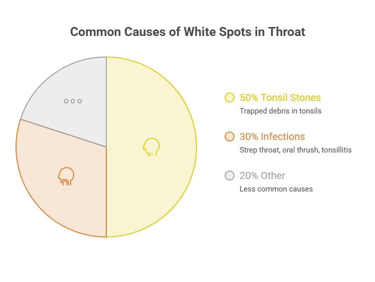 Pie chart showing common causes of white spots in throat: 50% tonsil stones, 30% infections, 20% other causes. Infographic.