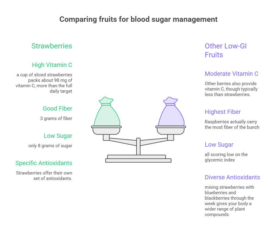 Infographic comparing strawberries and other low-GI fruits for blood sugar management with nutritional details.