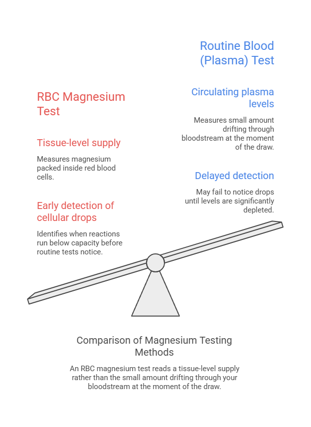 Comparison of RBC magnesium test and routine blood test with details on detection and measurement methods. Infographic.