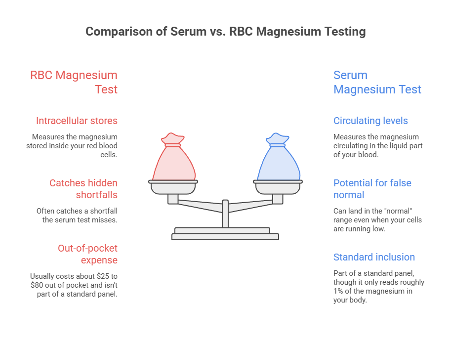 Comparison of RBC and Serum Magnesium Tests with details on measurement and costs.