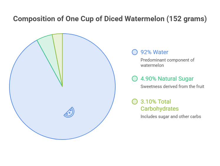 Pie chart showing composition of one cup of diced watermelon with percentages for water, natural sugar, and carbohydrates.