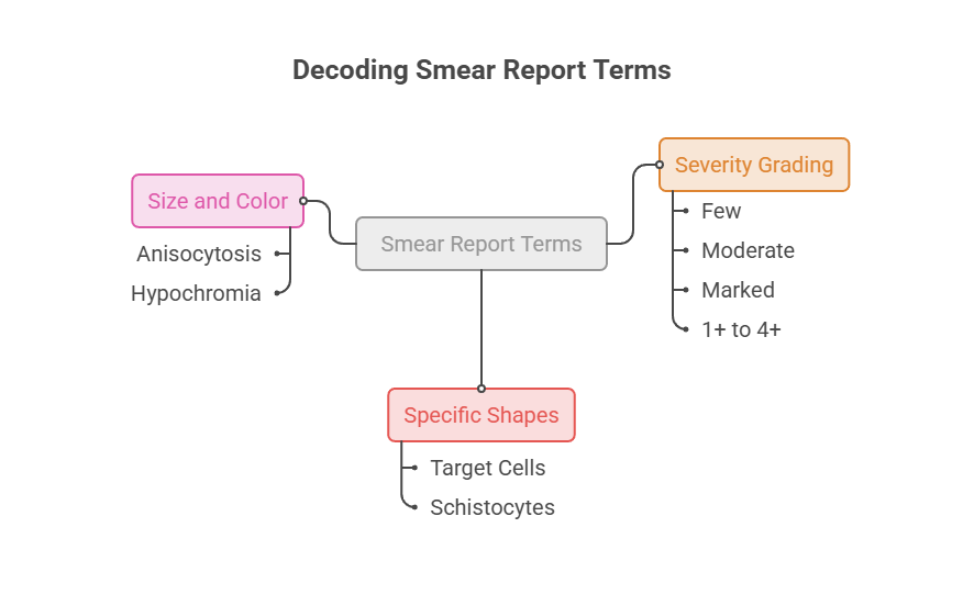 Infographic explaining smear report terms with categories like Size and Color, Specific Shapes, and Severity Grading.