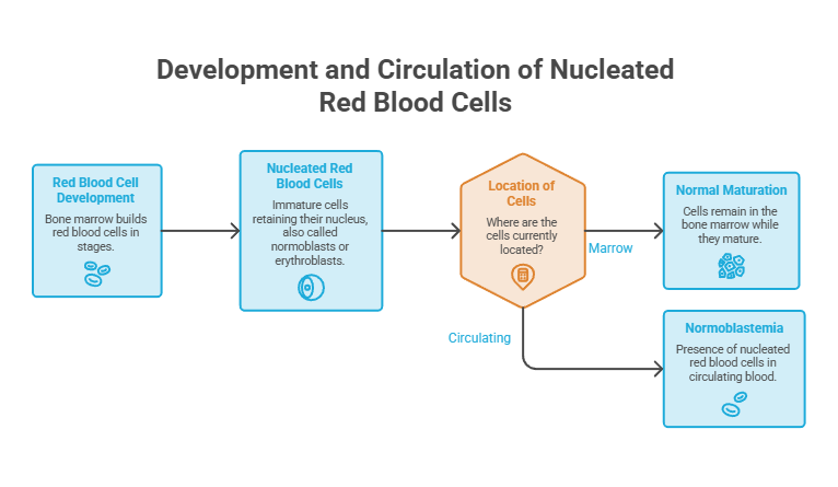 Infographic showing development and circulation of nucleated red blood cells with stages and locations labeled.
