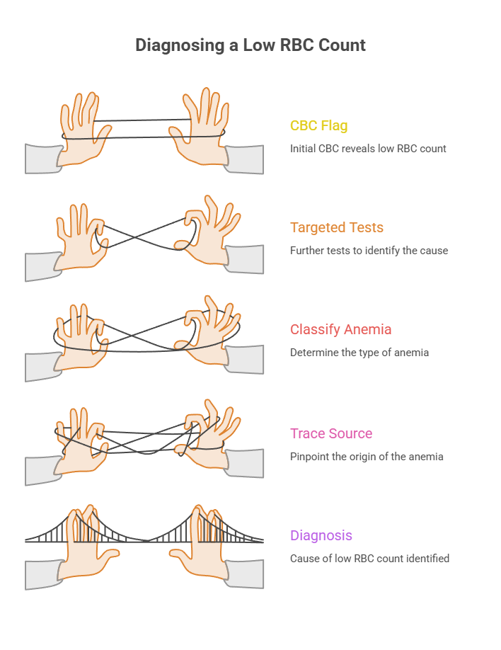 Infographic illustrating steps for diagnosing a low RBC count with hands and text labels for each step.