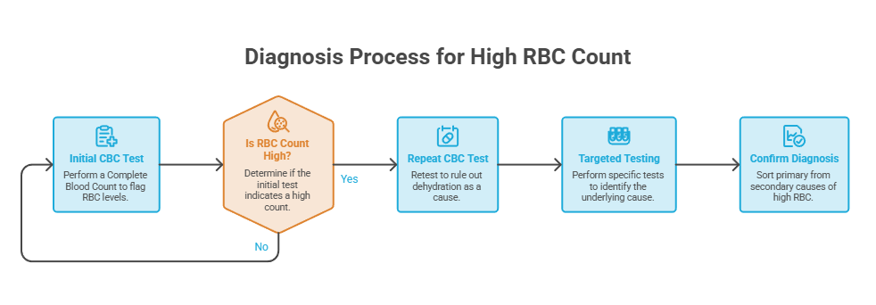 Flowchart outlining the diagnosis process for high RBC count with steps and icons for tests and diagnosis.