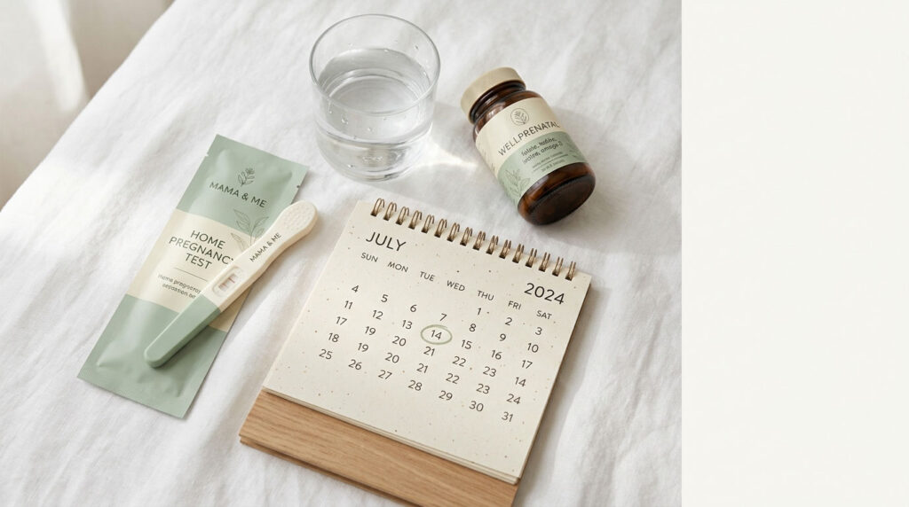A home pregnancy test, calendar, water glass, and prenatal vitamins on a white surface.
