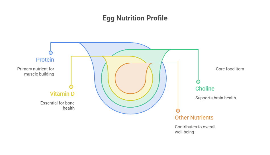 Infographic showing egg nutrition profile with labels for protein, vitamin D, choline, and other nutrients.