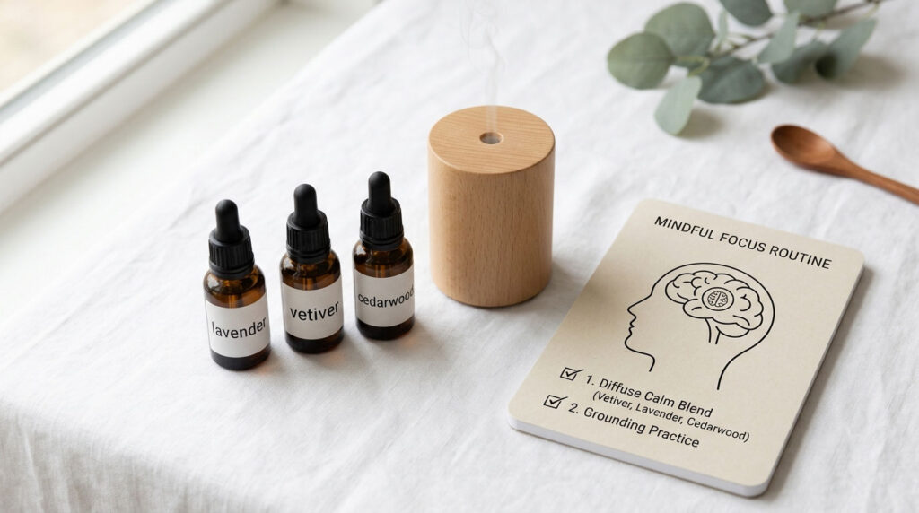 Three essential oil bottles labeled lavender, vetiver, and cedarwood beside a wooden diffuser and a mindfulness guide.