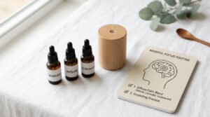Three essential oil bottles labeled lavender, vetiver, and cedarwood beside a wooden diffuser and a mindfulness guide.