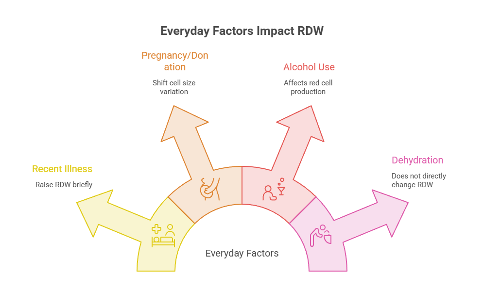 Infographic showing everyday factors impacting RDW, including pregnancy, alcohol use, recent illness, and dehydration.