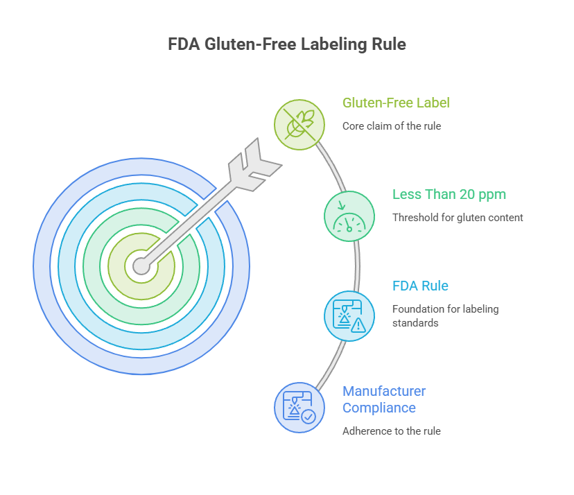 Infographic showing FDA gluten-free labeling rule with an arrow and four key points: Gluten-Free Label, Less Than 20 ppm, FDA Rule, Manufacturer Compliance.