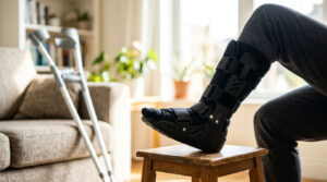 A person wearing a black walking boot rests their foot on a wooden stool in a bright living room.
