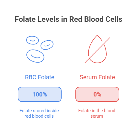 Infographic showing folate levels in red blood cells with 100% RBC folate and 0% serum folate statistics.