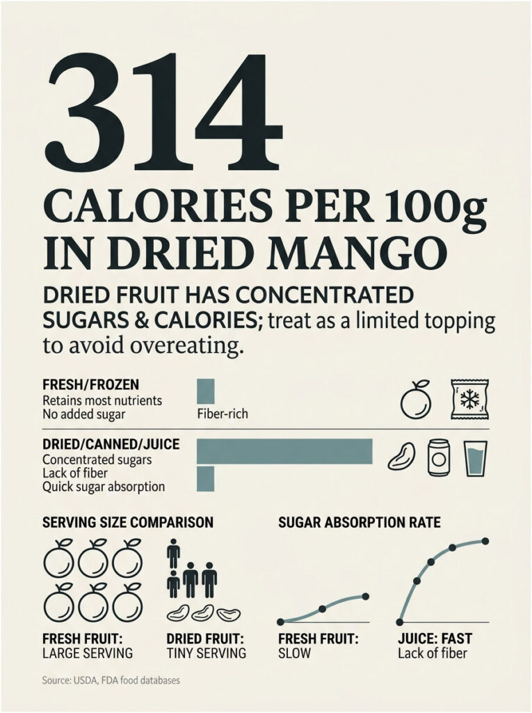 Infographic showing 314 calories per 100g in dried mango, comparing fresh and dried fruit nutrients and sugar absorption rates.