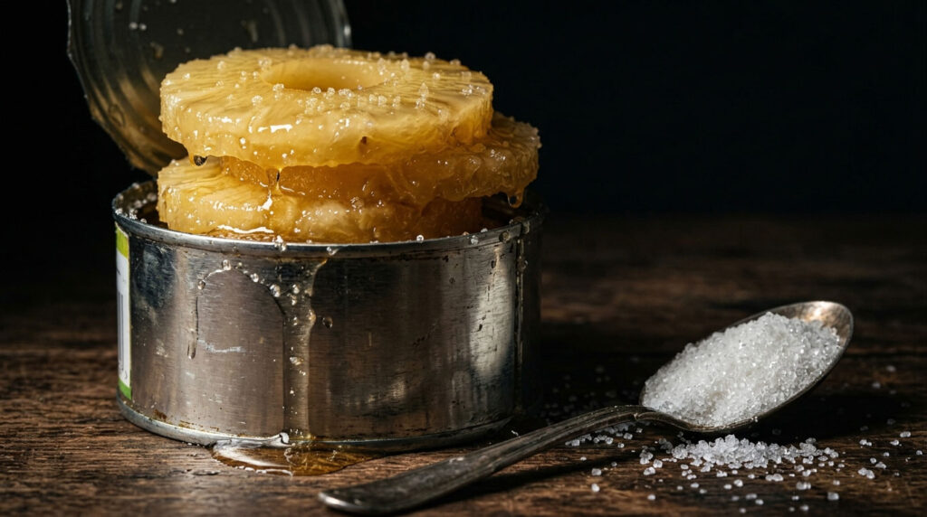 Sliced pineapple rings in a can with syrup and sugar on a wooden surface.