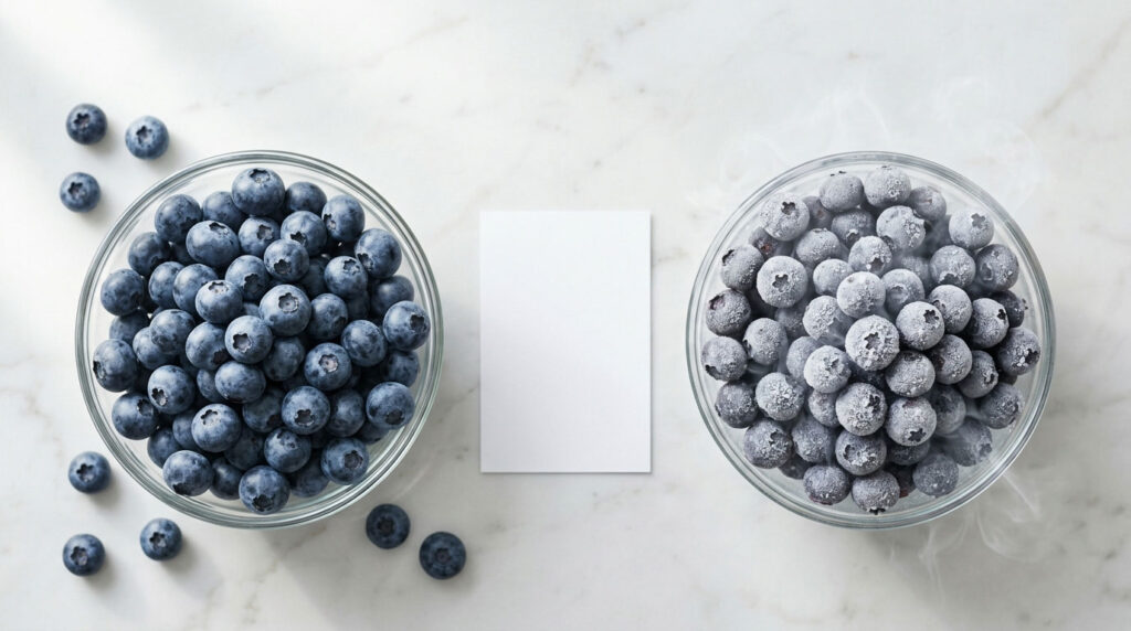 Two glass bowls filled with fresh and frozen blueberries on a marble surface with a blank card in between.