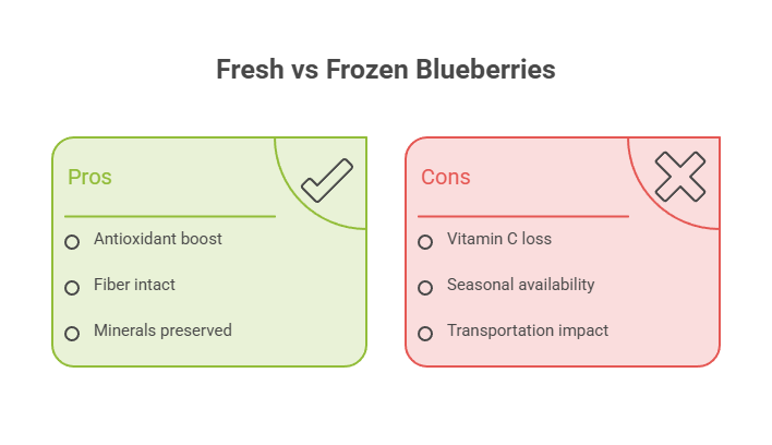 Infographic comparing pros and cons of fresh versus frozen blueberries with check and cross icons.
