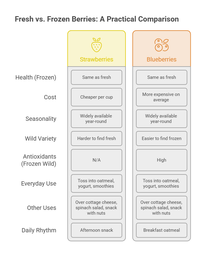 Comparison of fresh vs frozen strawberries and blueberries with health, cost, and usage data in a table format.