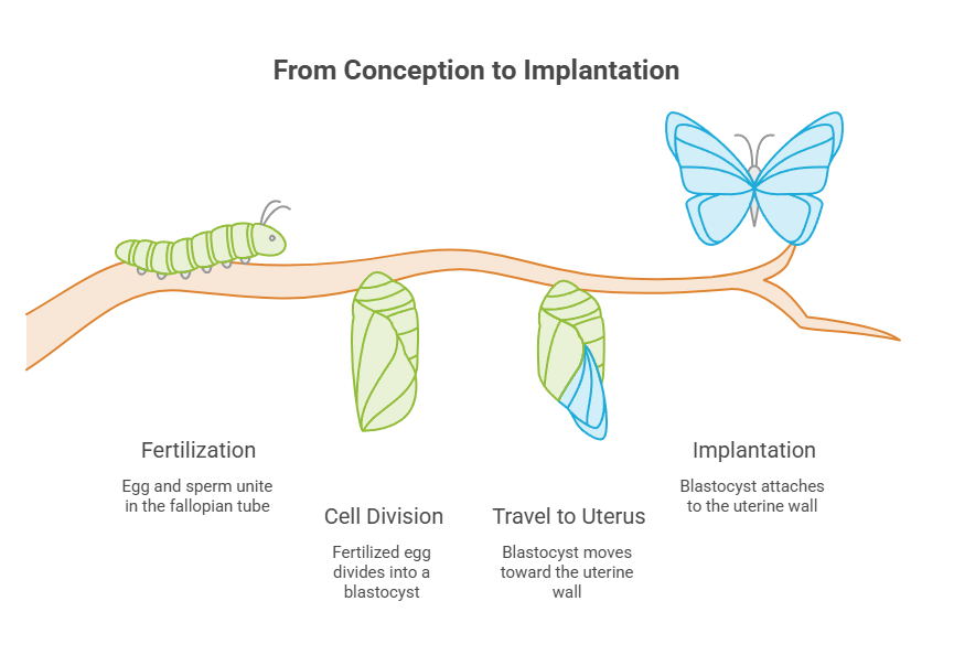 Infographic illustrating the stages from fertilization to implantation with a caterpillar, chrysalises, and a butterfly.