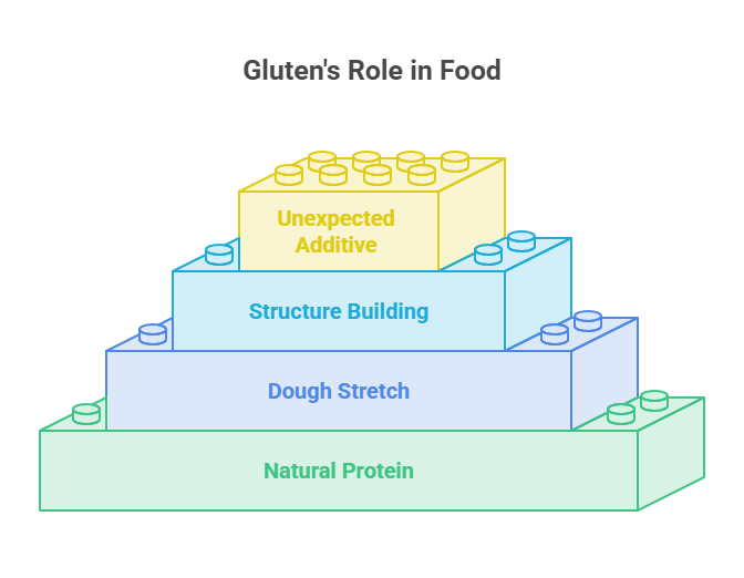 Infographic showing gluten's role in food with labeled building blocks: Natural Protein, Dough Stretch, Structure Building, Unexpected Additive.