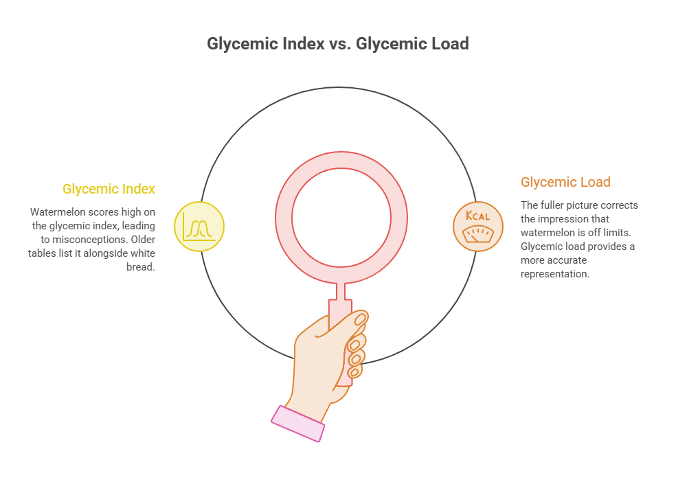 Infographic comparing Glycemic Index and Glycemic Load, highlighting watermelon misconceptions and accurate representations.