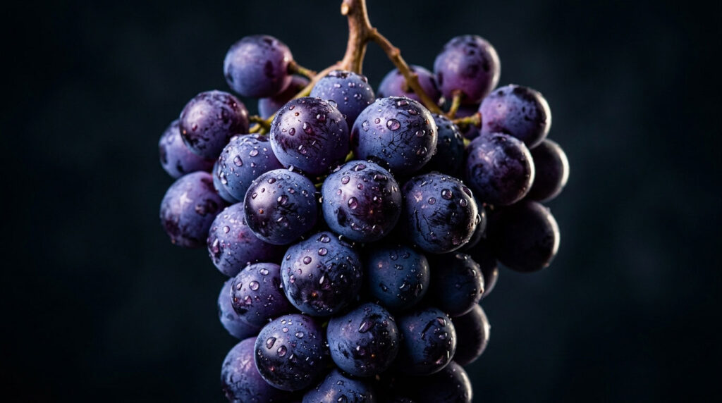A close-up of a bunch of dark purple grapes with water droplets on them against a dark background.