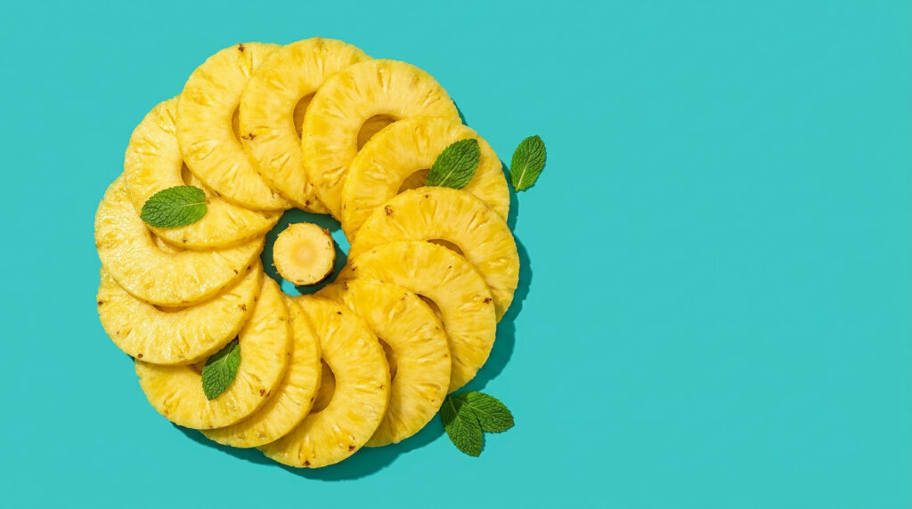 A circular arrangement of fresh pineapple slices with mint leaves on a turquoise background.