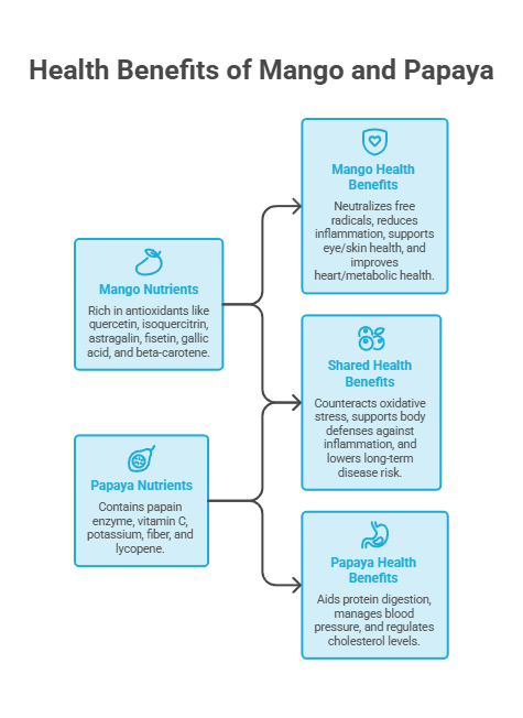 Infographic showing health benefits of mango and papaya, including nutrients and shared benefits.